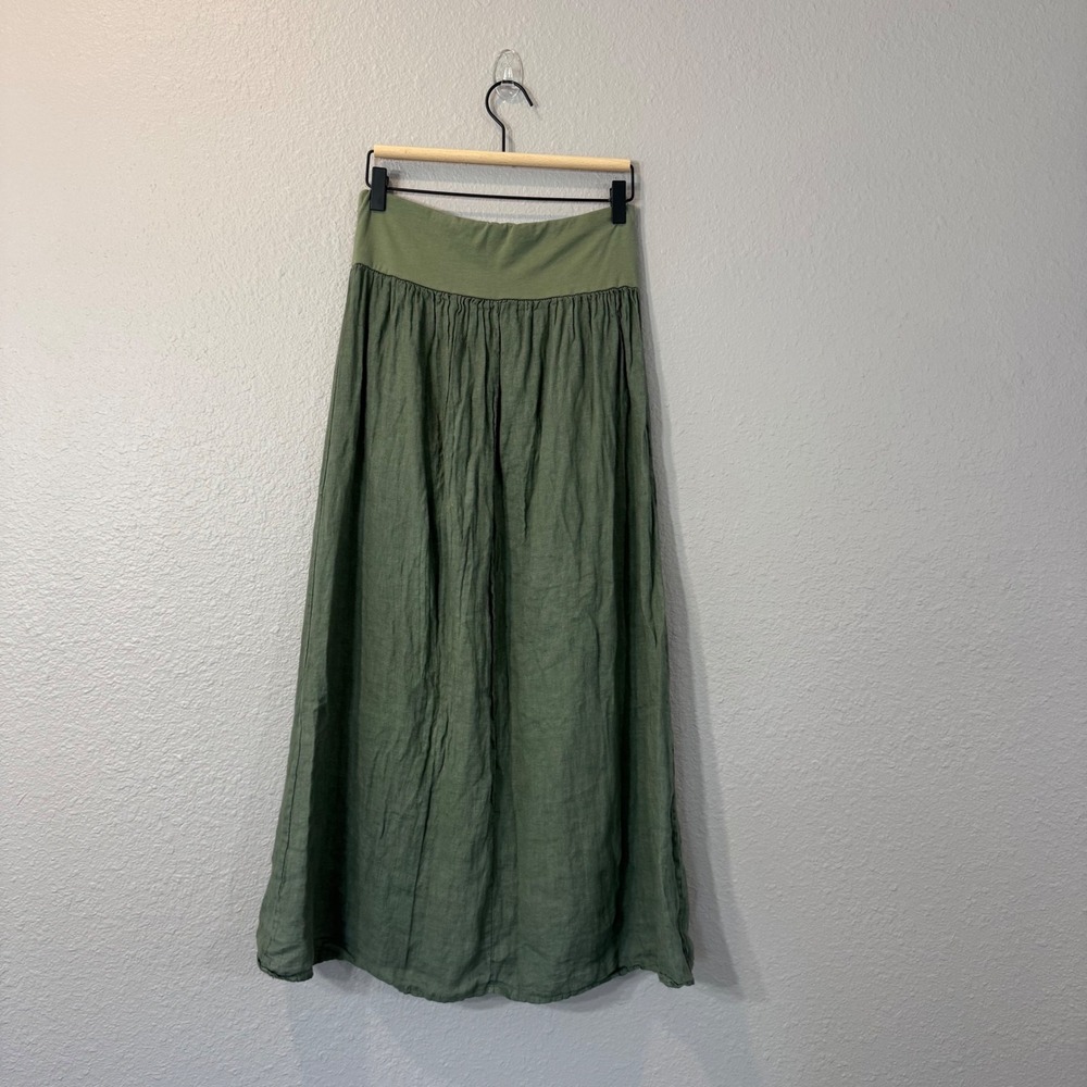 Made in Italy Size S Olive Green Linen Cotton Blend Maxi Skirt Lagenlook Pockets - Picture 2 of 6
